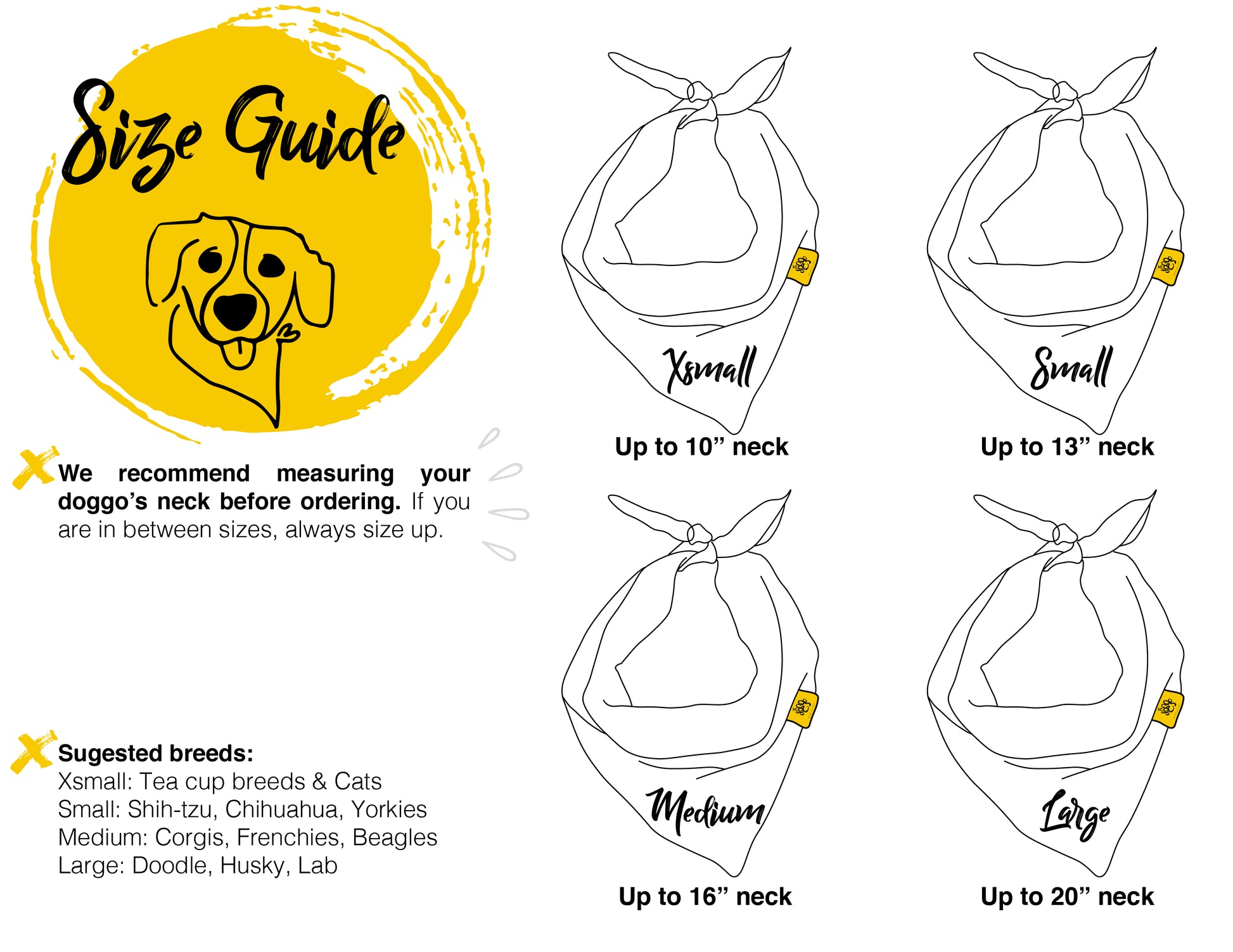 Yellow Bandanas | Size Guide | Dog Bandanas | Aesthetic Doggo | by The Doggo